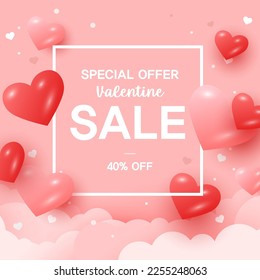 Happy Valentine's Day and White Day Sale banner. Holiday background with border frame made of realistic heart shaped red, pink and white balloons. Horizontal poster, greeting card, header for website.