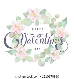 Happy Valentine's day white watercolor background. Soft green color leaves and apple tree flowers isolated round ornament illustration template with lettering
