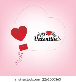 Happy Valentines Day wish design with hot air paper heart shape balloon attached with envelop