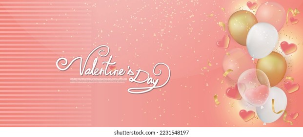 Happy valentines day wishes banner with hearts and balloons