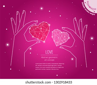 The Happy Valentine's Day wishes geometric art concept. Greeting card layout template. The love men and women symbol drawn with editable strokes weight. A hands and hearts abstract vector illustration
