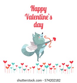 Happy Valentine's day. Wolf with wings with bow and arrows isolated on white. Timber wolf lover flying like Cupid. Cute cartoon animal post card design. Love concept vector illustration in flat style