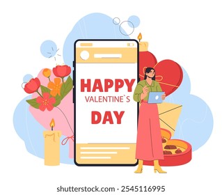 Happy valentines day. Woman near huge smartphone with bouquet of flowers and envelope, pack of sweets. Romantic gifts and presesnts. Flat vector illustration isolated on white background