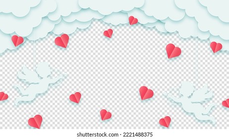Happy Valentine's Day or Woman's Day. Concept love greeting card. Clouds or nubes and red hearts with amour or cupid on a transparent background. Vector illustration.