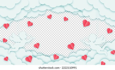 Happy Valentine's Day or Woman's Day. Concept love greeting card. Clouds or nubes and red hearts with amour or cupid on a transparent background. Vector illustration.