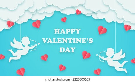 Happy Valentine's Day or Woman's Day. Concept love greeting card. Clouds or nubes and red hearts with amour or cupid on a transparent background. Vector illustration.