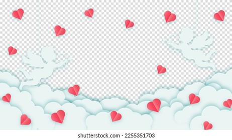 Happy Valentine's Day or Woman's Day. Concept love greeting card. Clouds or nubes and red hearts with amour or cupid on a transparent background. Vector illustration.