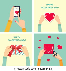 Happy valentines day. Woman's hands give wrapped  holiday handmade present with red ribbon. White smart phone with hearts. Female hands heart cut out of paper. Flat vector illustration