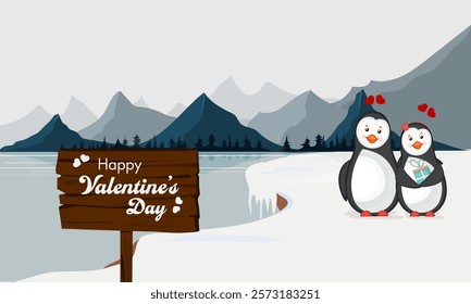 Happy Valentine's Day Wooden Signboard with Penguin Couple Character Holding Gift on Snowy Background.