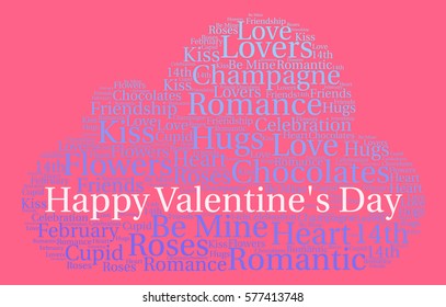 Happy Valentines Day word cloud on a pink background.