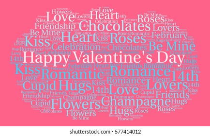 Happy Valentines Day word cloud on a pink background.