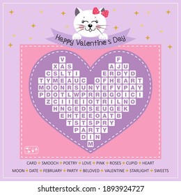 Happy Valentine's Day word search puzzle for learning English. Crossword with cute kitty. Vector illustration. Find hidden words about love. 