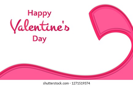 Happy Valentine's Day words with ribbon on white background, festive banner or cards paper cut style, vector illustration