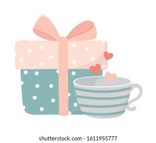 happy valentines day wrapped gift box and coffee cup love hearts vector illustration