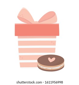 happy valentines day wrapped gift box and sweet cookie vector illustration