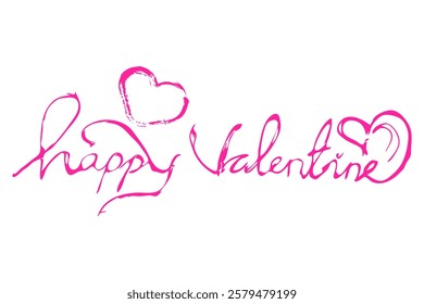 Happy Valentine's Day writing with pink color and heart shape elements in retro style and brush