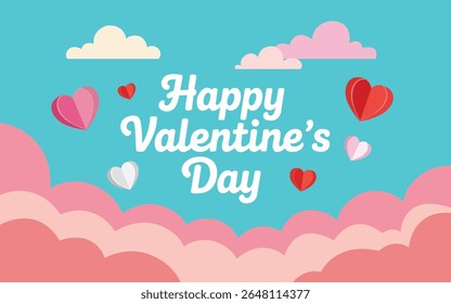 Happy Valentine's Day written in English with a heart in the middle of a blue sky design. Happy Valentine's Day horizontal banner vector with blue sky and paper cut clouds.
