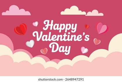Happy Valentine's Day written in English with a heart in the middle of a sky Illustration. Happy Valentine's Day horizontal banner with blue sky and paper cut clouds vector.