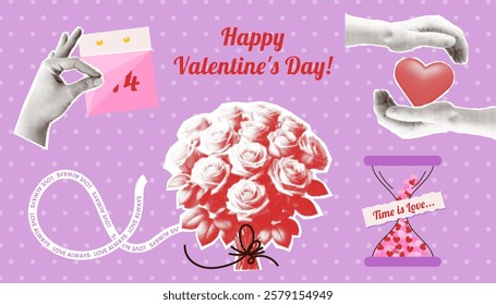 Happy Valentine's Day y2k collage elements collection. Halftone torn out hands person with heart, calendar. Romantic bouquet roses, hourglass filled hearts. Vector illustration collection