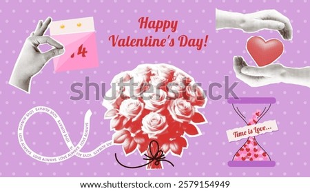 Happy Valentine's Day y2k collage elements collection. Halftone torn out hands person with heart, calendar. Romantic bouquet roses, hourglass filled hearts. Vector illustration collection