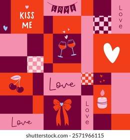 Happy Valentine's Day Y2K geometric seamless pattern. Cute vintage romantic background. Mosaic grid retro 2000s style love print. Flat style vector illustration.