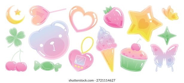 Feliz Dia dos Namorados Y2K gradiente elemento vetor conjunto. Forma brilhante, estrela, cupcake, urso, cereja, sorvete, borboleta, trevo, lua, coração, doce. Ilustração do y2k para impressão, cartão, decoração.