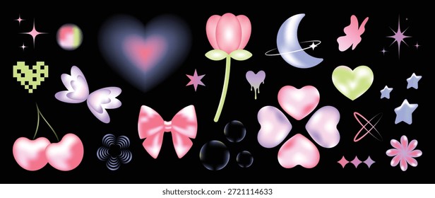 Feliz día de San Valentín Y2K gradiente elemento Vector conjunto. Forma de moda, estrella, corazón, cereza, flor, pixel art, cinta, burbuja, brillo, mariposa. Ilustración Abstractas de Y2K para imprimir, tarjeta, decoración.
