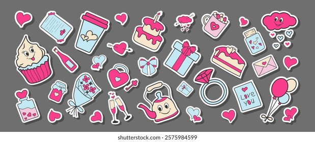 Happy Valentine's Day Y2K Stickers Set. Doodle Love Cute Elements Collection with Eyes. Flat Vector Illustration. Funny Icons Heart, Cupcake, Envelope, Ring, Cloud, Key, Lock, Glasses, Valentines, Bow