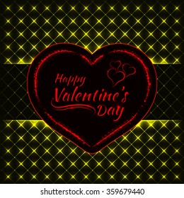 Happy Valentines day yellow lights card, heart and text lights design on dark background