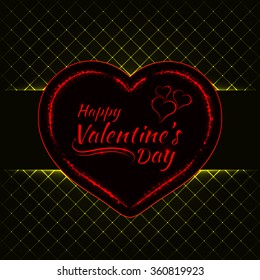 Happy Valentines day yellow lights card, heart and text lights design on dark background