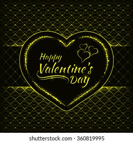 Happy Valentines day yellow lights card, heart and text lights design on dark background