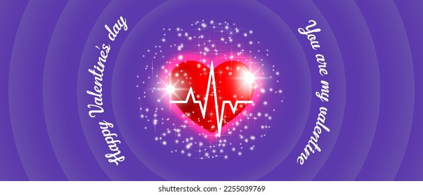 Happy Valentines Day, you are my Valentine. Vector holiday love flyer. Red glowing heart with stylistic cardiogram and radiant sparks, stars.