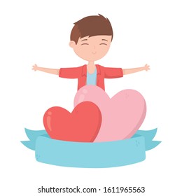 happy valentines day young boy with hearts love banner vector illustration