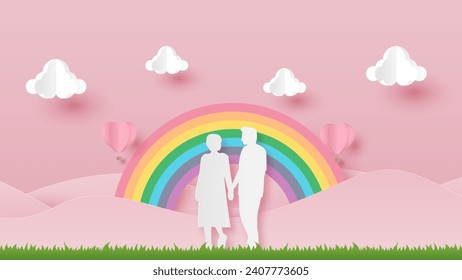 Happy valentines day. Young couple stand in the meadows with balloon floating in the sky. Love and valentine day