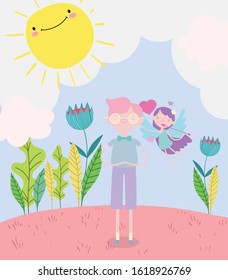 happy valentines day, young man and cupid with arrow hearts flowers sun clouds vector illustration