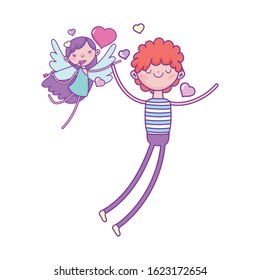 happy valentines day, young man and flying cupid with arrow hearts love vector illustration