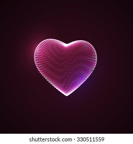 Happy Valentines Day.3D illuminated neon heart of glowing particles and wireframe. Vector illustration. 