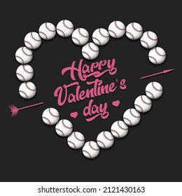 Happy Valentines Day.Baseball balls laid out in the shape of the heart. Design pattern for greeting card, banner, poster, flyer,  invitation party. Vector illustration on isolated background