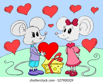 Happy valentines day.Creative congratulation.St. Valentine's Day.Illustration,vector.Happy birthday.Interesting presents.Red hearts and cheese.Enamored,valentine mouse.Romantic,creative date,birthday.