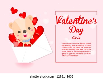 Happy Valentine's day,Cute bear and heart's envelope on pink background. Greeting card for Valentine's day
