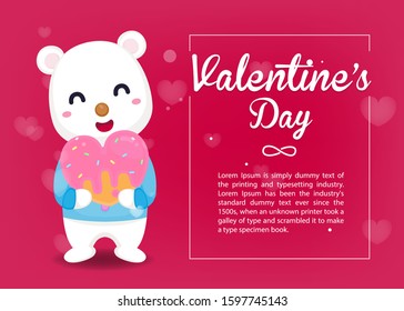 Happy Valentine's day,Cute bear hug sweet heart dessert on red background. Greeting card for Valentine's day