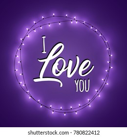 Happy Valentine`s Day.Gradient  Background with Bright Lights Garland. I Love You.  Purple Vector Illustration.