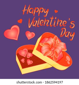 Happy Valentine's Day.Heart Shaped Box of Chocolates. Large Fluffy Bow .Hearts Decoration. Lettering.Vector Illustration, 10 eps.