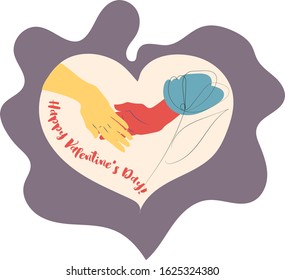 Happy valentine's day!Heart and two hands in it with flower. Vector illustration