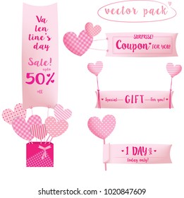 Happy Valentine's Day.Hearts in open gift box and Valentine's Day Discount banner popped out of the box.Special gift, surprise coupon, one day sale, word on banner.vector pack for poster or business.