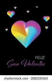 "Happy Valentine's Day"in Spanish. Liquid heart filled with vibrant gradient. Folds and flows. Valentine's card.