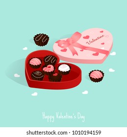 Día de San Valentín feliz, caja de regalo de chocolate isométrico vector carta de amor pastel