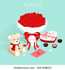 Día de San Valentín feliz, rosa valentina isométrica, chocolate de oso de peluche caja de regalo vectorial carta de amor