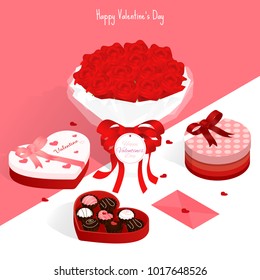 happy valentine's day,isometric valentine rose chocolate gift box love card vector