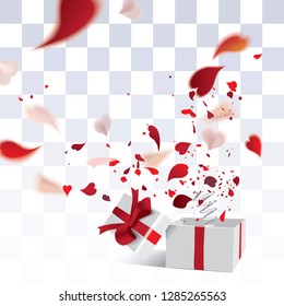 Happy Valentine's Day-surprising gift box with defocused transparent red heart shaped confetti or falling romantic hearty petals of flowers isolated on checkered background